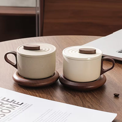 Vintage Ceramic Cup with Wooden Base and Lid