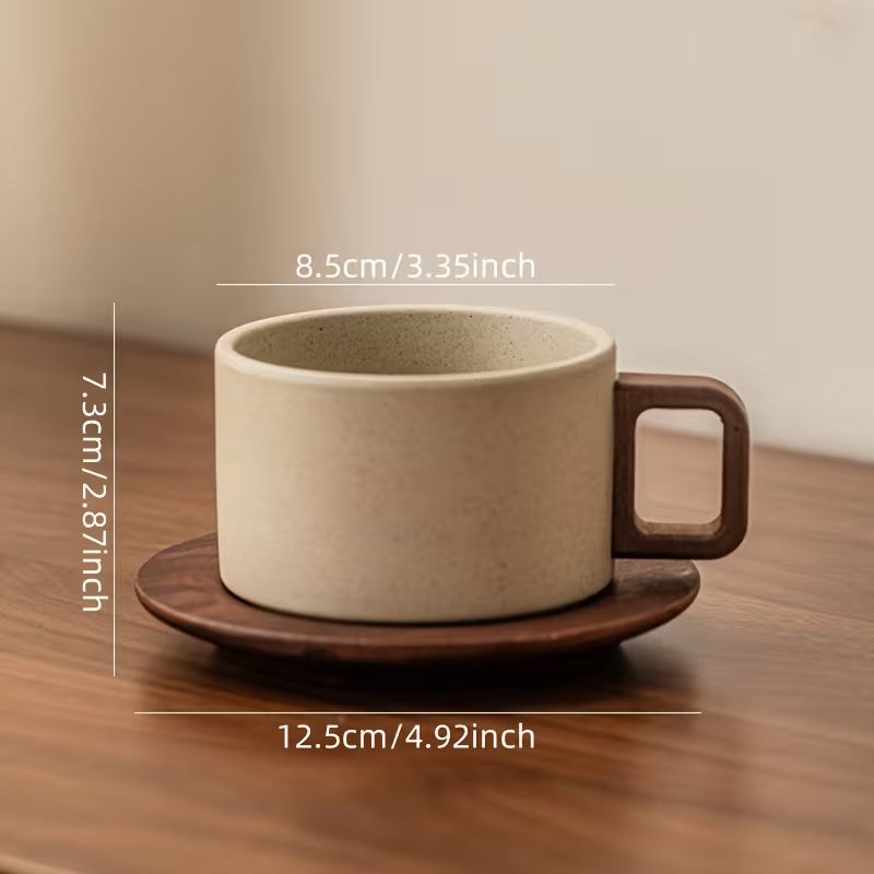 Vintage Ceramic Cup with Wooden Base and Lid