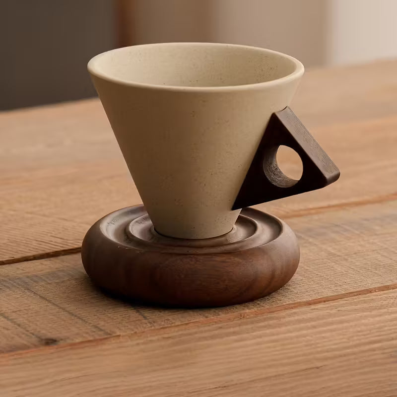 Vintage Ceramic Cup with Wooden Base – Coffee with Elegance