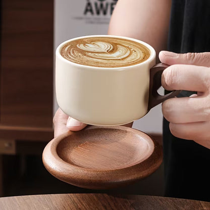 Vintage Ceramic Cup with Wooden Base and Lid