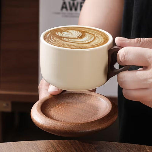 Vintage Ceramic Cup with Wooden Base and Lid