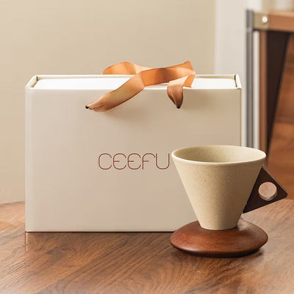 Vintage Ceramic Cup with Wooden Base – Coffee with Elegance