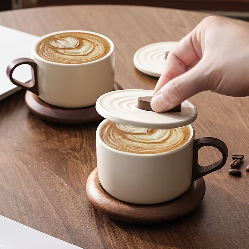 Vintage Ceramic Cup with Wooden Base and Lid