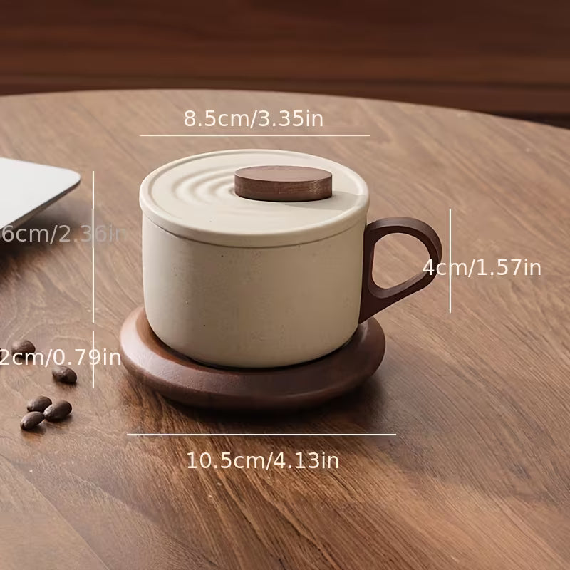 Vintage Ceramic Cup with Wooden Base and Lid