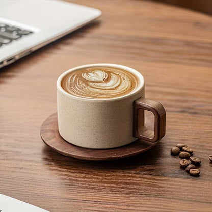Vintage Ceramic Cup with Wooden Base and Lid