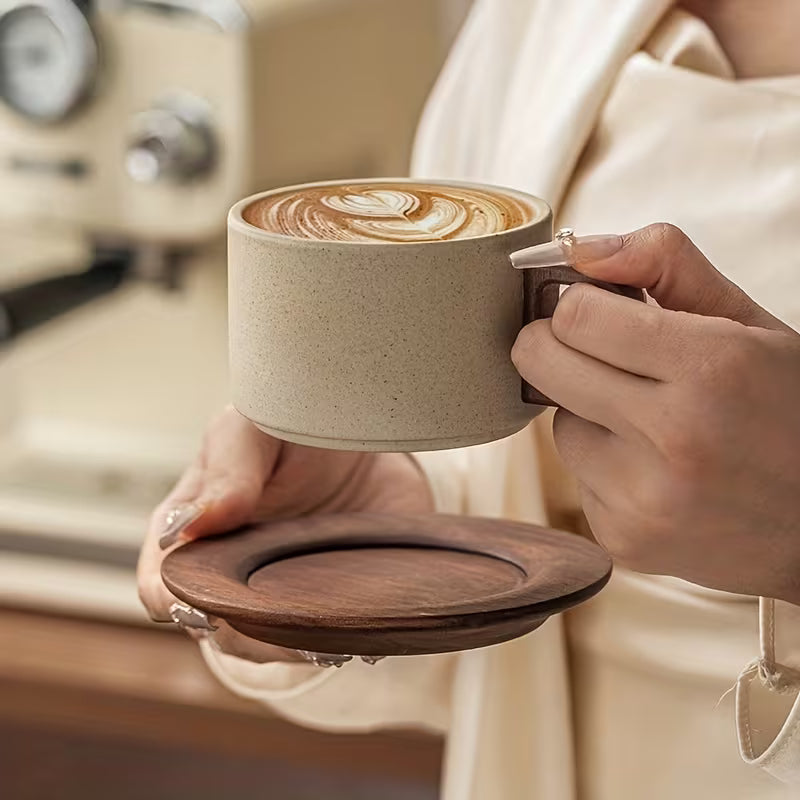 Vintage Ceramic Cup with Wooden Base and Lid