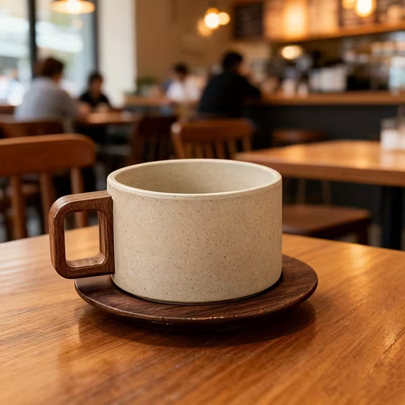Vintage Ceramic Cup with Wooden Base and Lid
