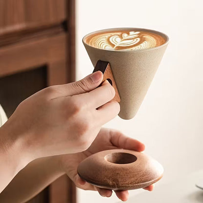 Vintage Ceramic Cup with Wooden Base – Coffee with Elegance