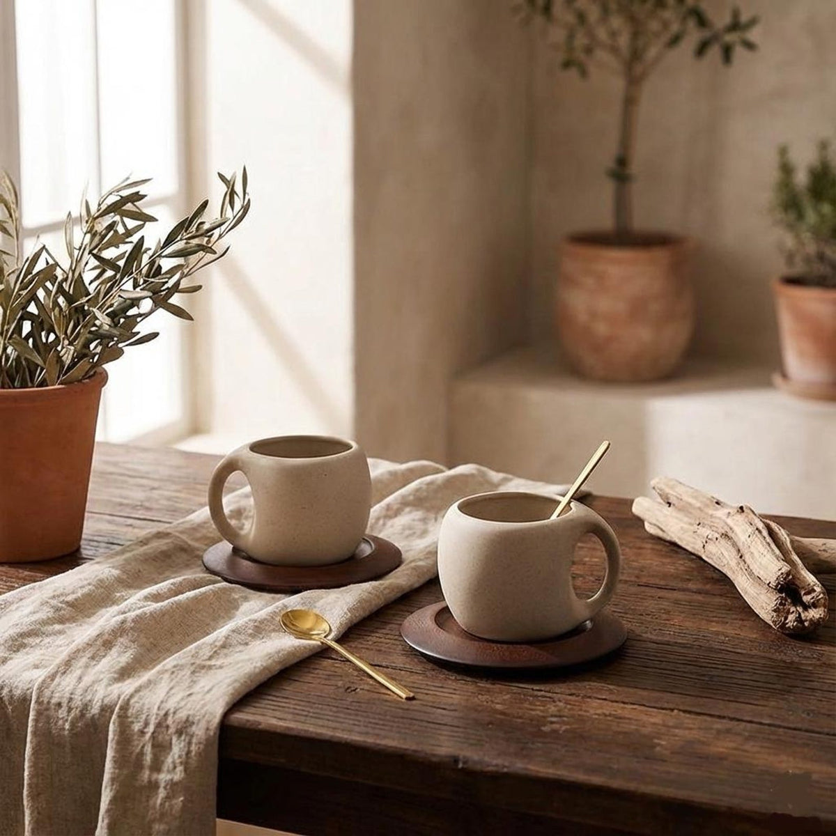 Vintage Ceramic Cup with Wooden Base – Curved Handle