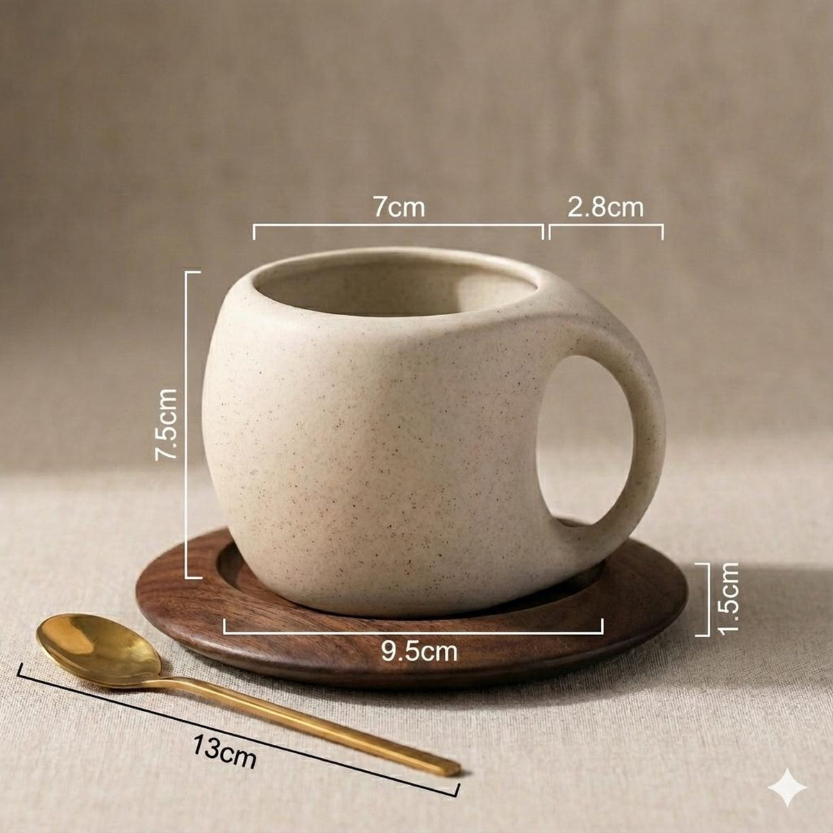 Vintage Ceramic Cup with Wooden Base – Curved Handle