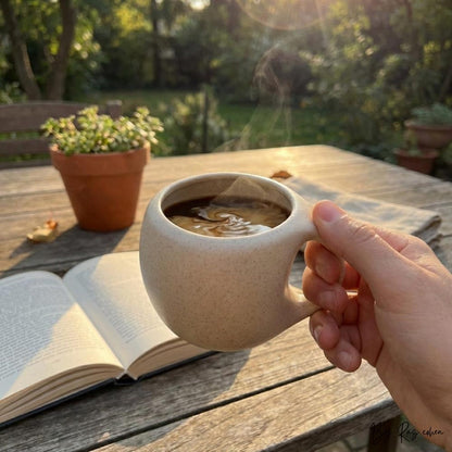 Vintage Ceramic Cup with Wooden Base – Curved Handle