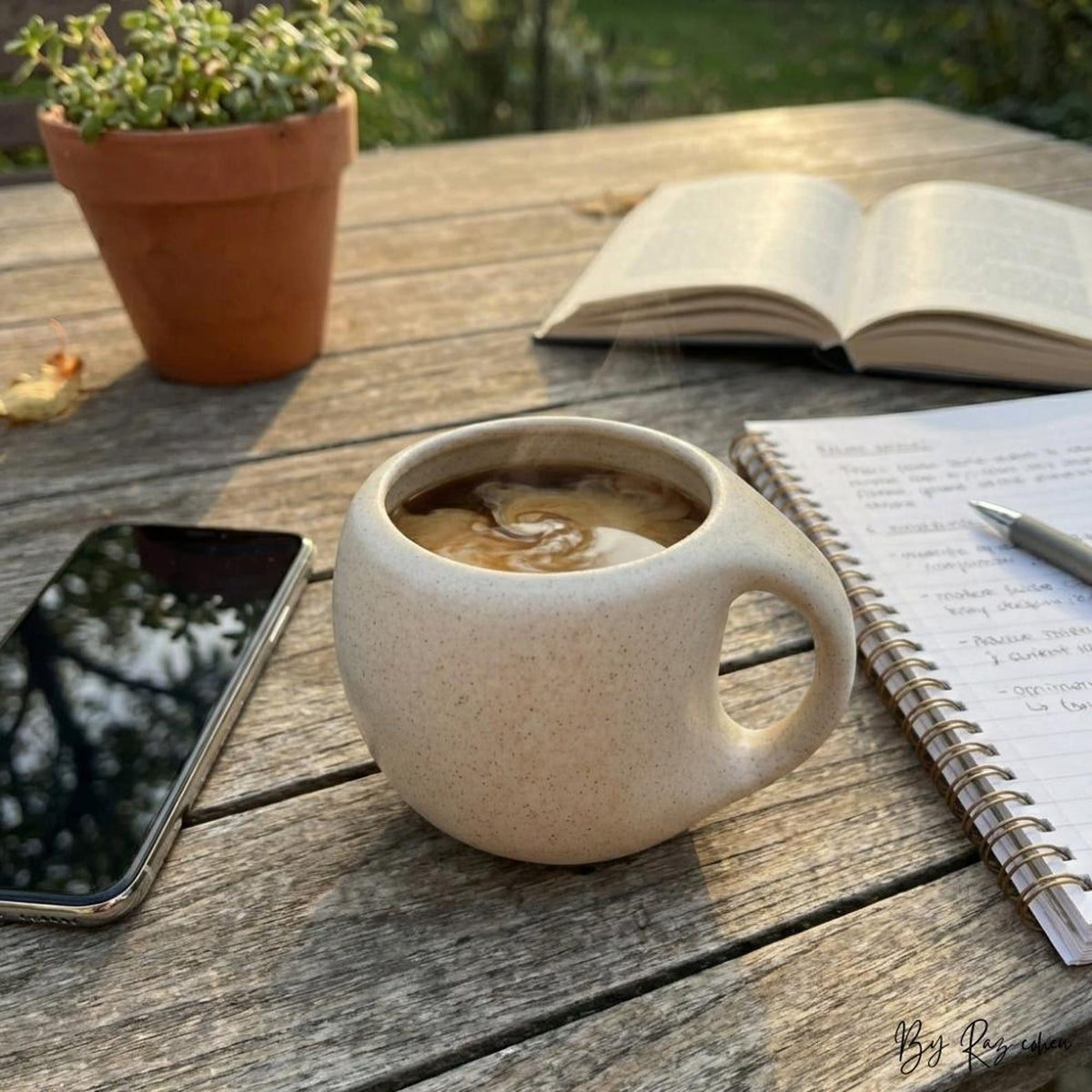 Vintage Ceramic Cup with Wooden Base – Curved Handle