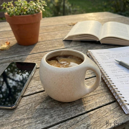 Vintage Ceramic Cup with Wooden Base – Curved Handle