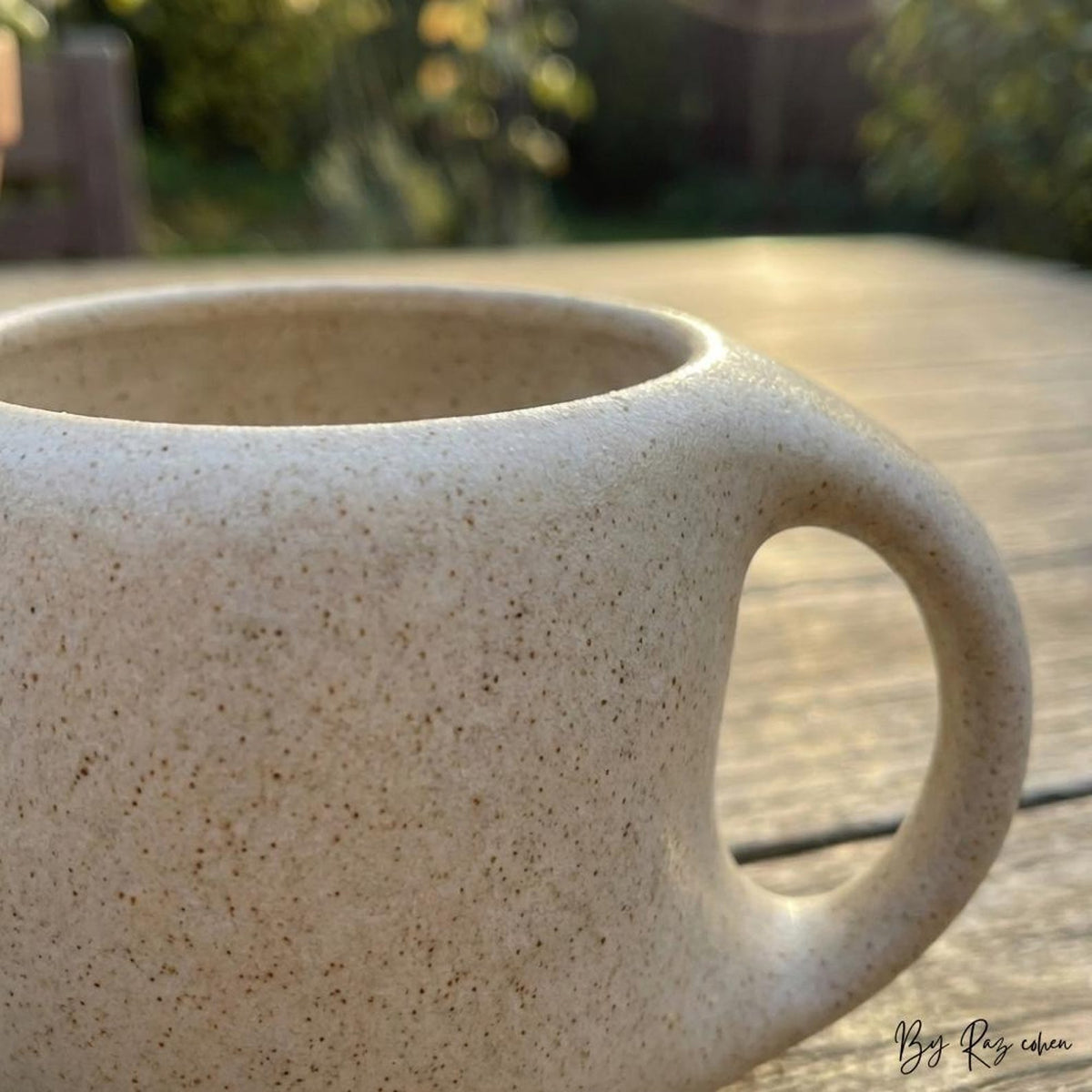 Vintage Ceramic Cup with Wooden Base – Curved Handle