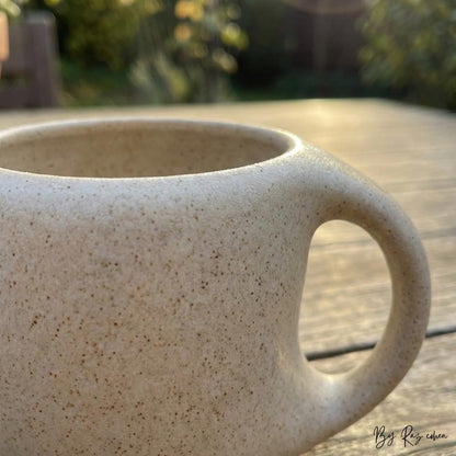 Vintage Ceramic Cup with Wooden Base – Curved Handle
