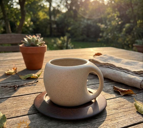 Vintage Ceramic Cup with Wooden Base – Curved Handle