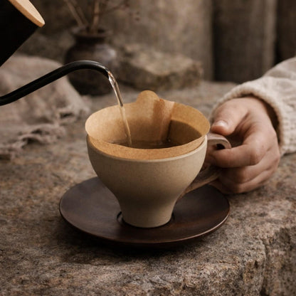 Vintage Ceramic Cup with Wooden Base