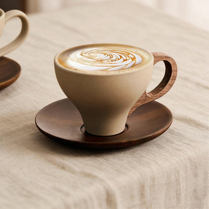Vintage Ceramic Cup with Wooden Base