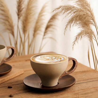 Vintage Ceramic Cup with Wooden Base
