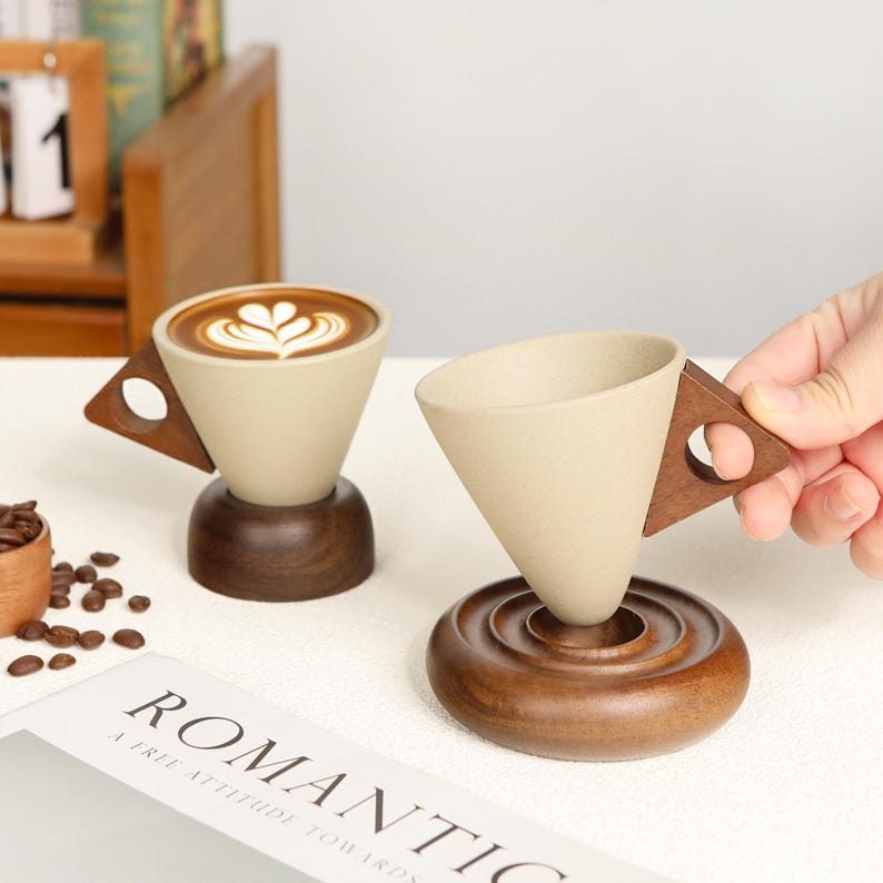 Vintage Ceramic Cup with Wooden Base – Coffee with Elegance