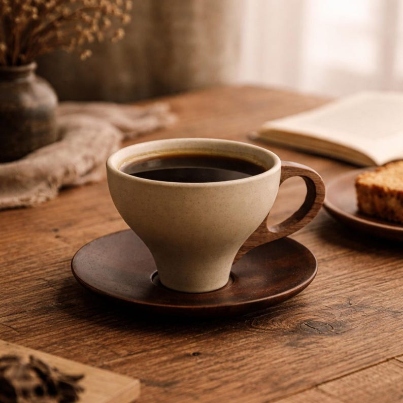 Vintage Ceramic Cup with Wooden Base