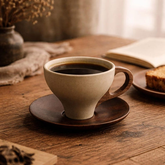 Vintage Ceramic Cup with Wooden Base